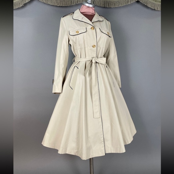 1970s princess coat vintage NAVY + BEIGE TRENCHCOAT fit flare full skirt jacket - Picture 7 of 10